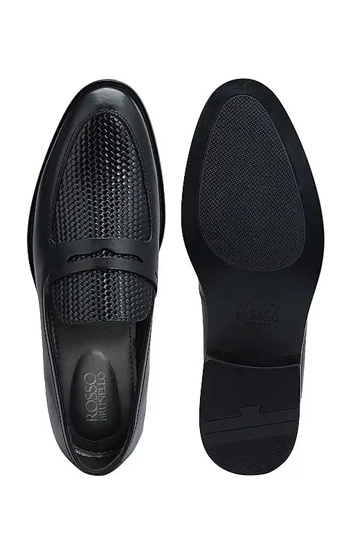 Black Textured Leather Loafers