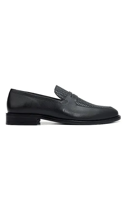 Black Textured Leather Loafers