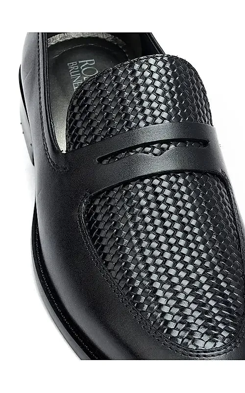 Black Textured Leather Loafers