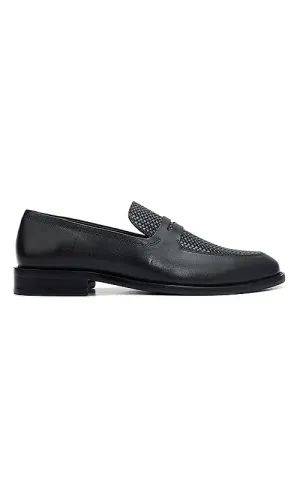 Black Textured Leather Loafers