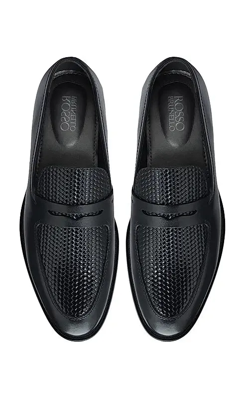 Black Textured Leather Loafers