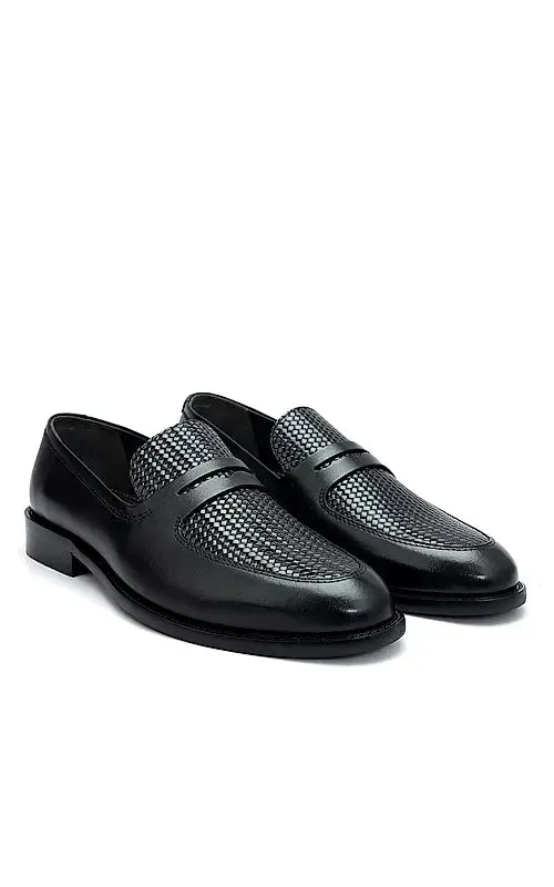Black Textured Leather Loafers