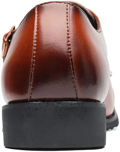 Dress Shoes for Men Slip On Round Burnished Toe PU Leather Double Monk Strap Cap Toe Rubber Sole Non Slip Block Heel Anti-Slip Slip Resistant Working