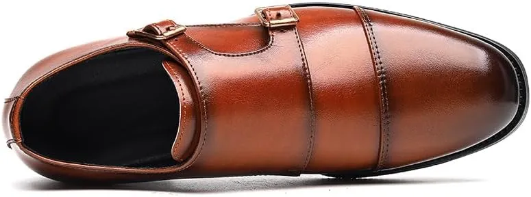 Dress Shoes for Men Slip On Round Burnished Toe PU Leather Double Monk Strap Cap Toe Rubber Sole Non Slip Block Heel Anti-Slip Slip Resistant Working