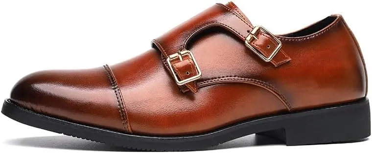 Dress Shoes for Men Slip On Round Burnished Toe PU Leather Double Monk Strap Cap Toe Rubber Sole Non Slip Block Heel Anti-Slip Slip Resistant Working