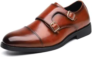 Dress Shoes for Men Slip On Round Burnished Toe PU Leather Double Monk Strap Cap Toe Rubber Sole Non Slip Block Heel Anti-Slip Slip Resistant Working