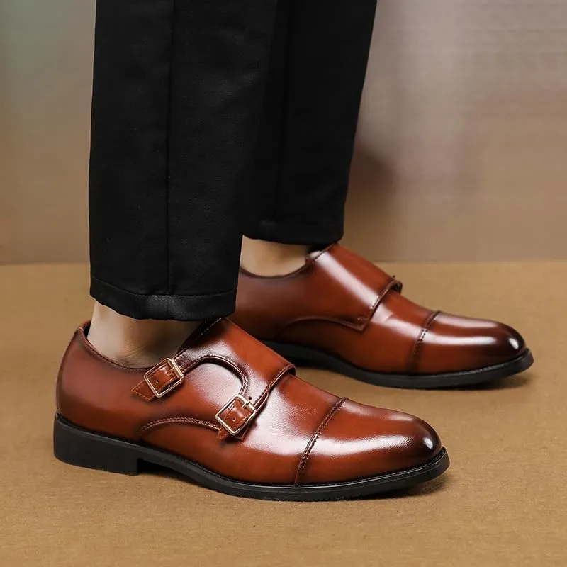 Dress Shoes for Men Slip On Round Burnished Toe PU Leather Double Monk Strap Cap Toe Rubber Sole Non Slip Block Heel Anti-Slip Slip Resistant Working