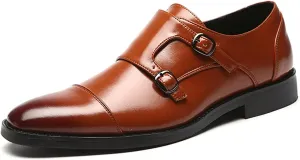 HOOENG Oxford Shoes for Men Slip on Monk Strap Cap Toe Black Burnished Toe PU Leather Anti-Slip Block Heel Rubber Sole Outdoor (Color : Yellow, Size : 10)