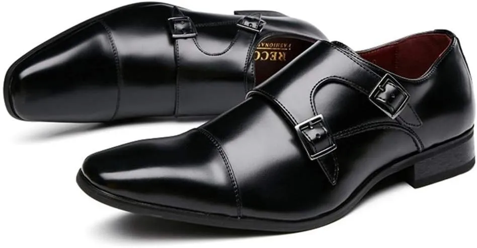 Shoes Dress Oxford for Men Slip On Monk Strap Square Cap Toe Leather Low Top Non Slip Anti-Slip Block Heel Walking