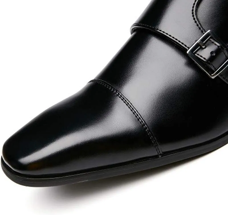 Shoes Dress Oxford for Men Slip On Monk Strap Square Cap Toe Leather Low Top Non Slip Anti-Slip Block Heel Walking