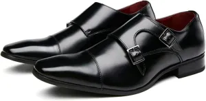 Single Season Dress Oxford for Men Slip On Double Monk Strap Cap Toe Square Toe Leather Block Heel Rubber Sole Slip Resistant Anti-Slip Working Very Popular Among Young People (Color : B Black