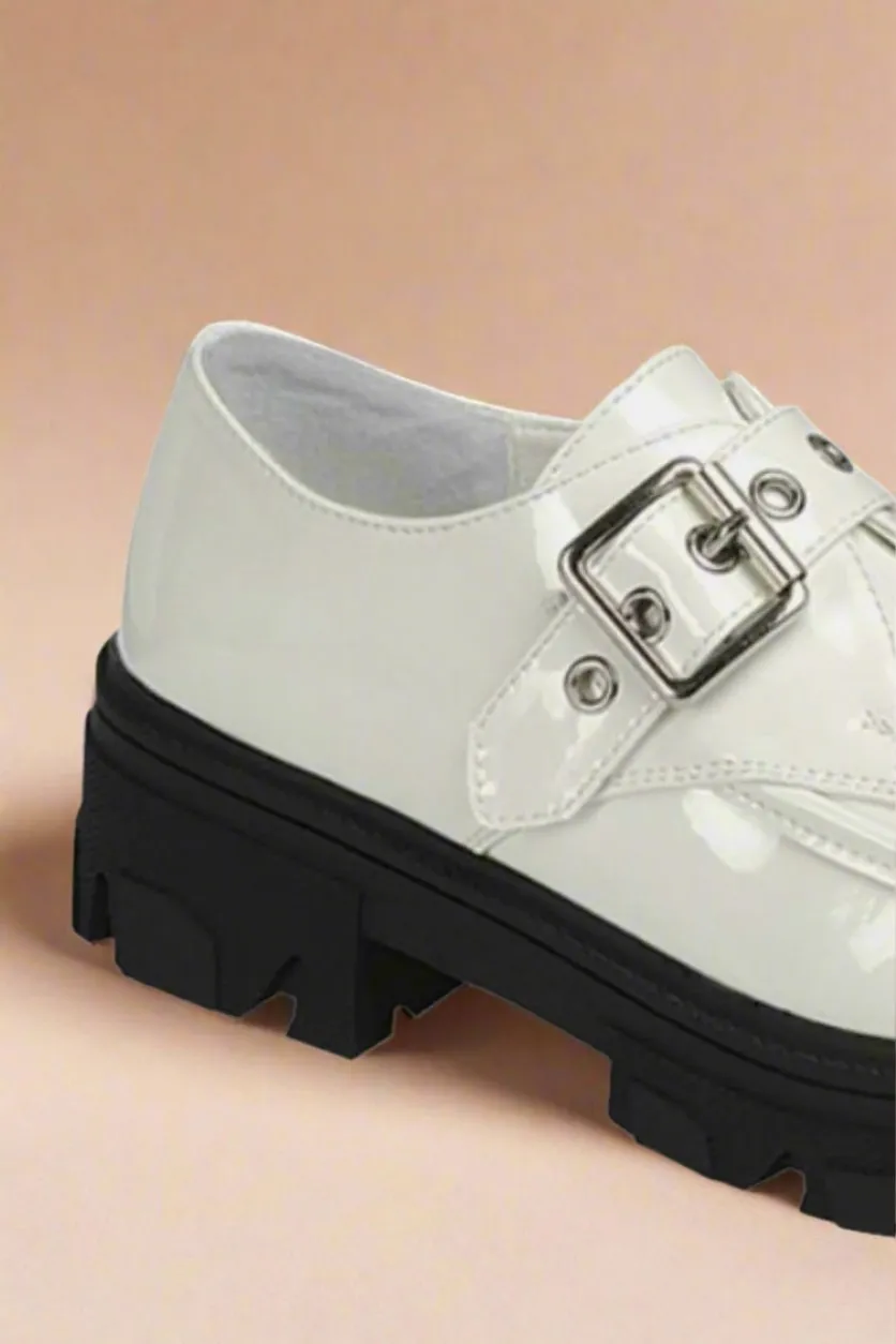 White Patent Vegan Leather Buckled Platform Lug Sole Loafers