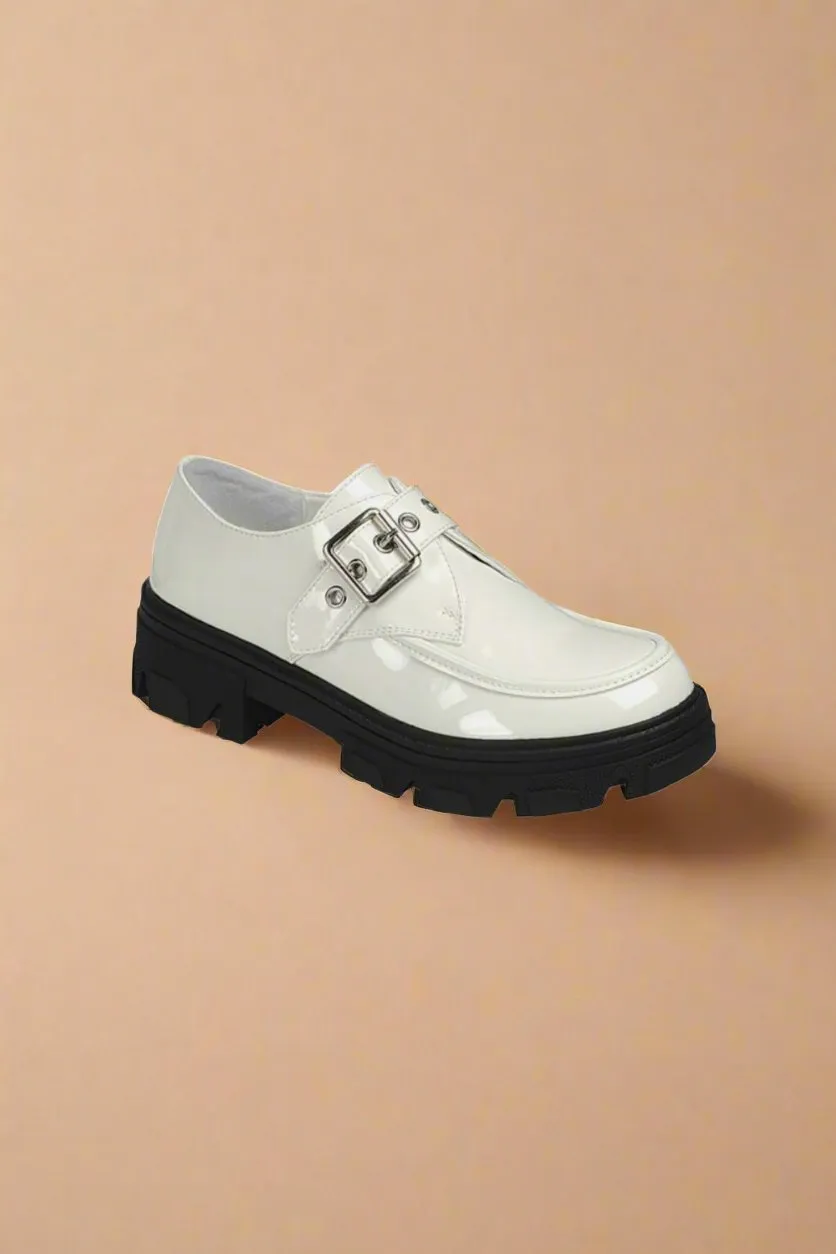 White Patent Vegan Leather Buckled Platform Lug Sole Loafers