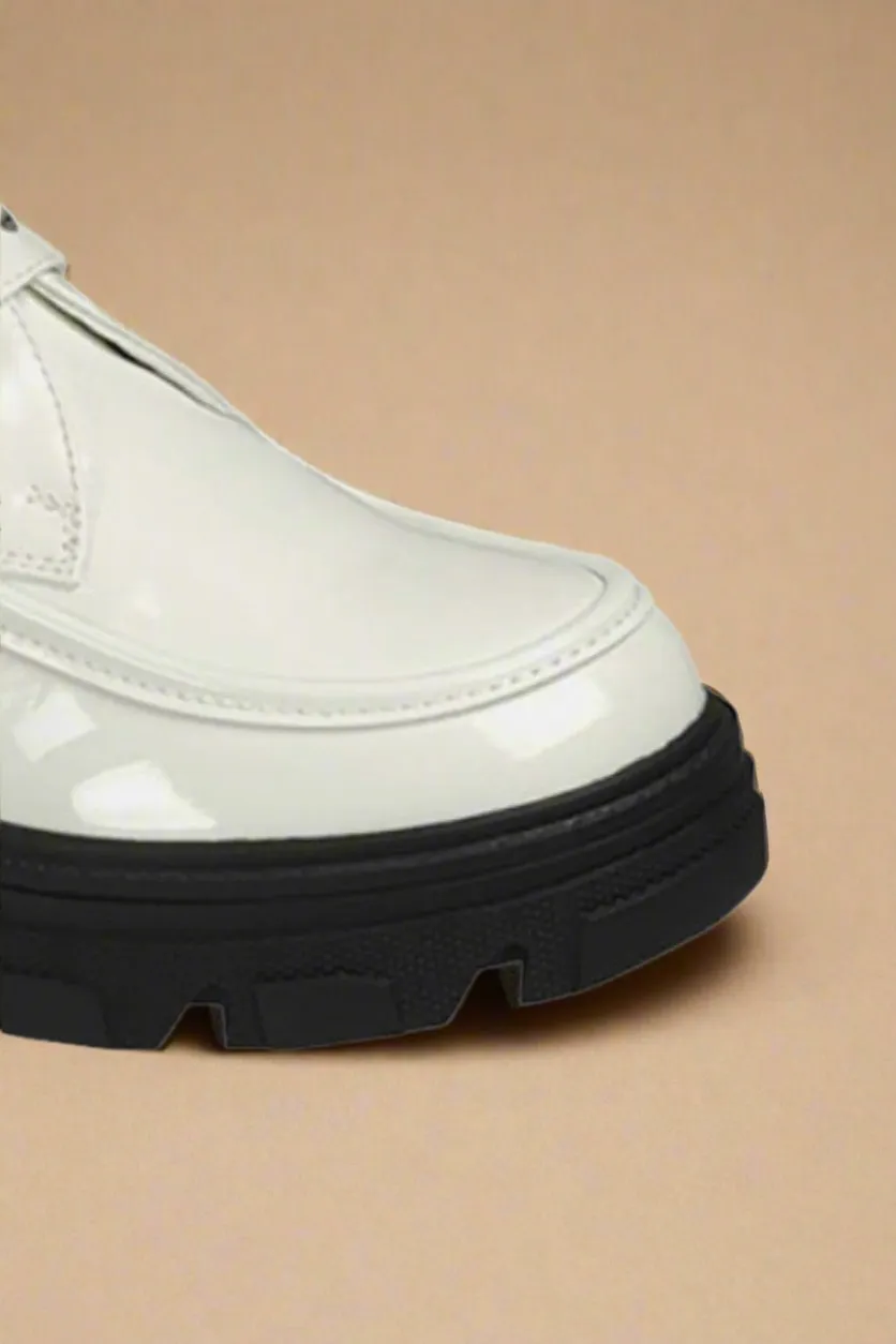 White Patent Vegan Leather Buckled Platform Lug Sole Loafers