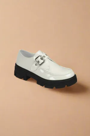 White Patent Vegan Leather Buckled Platform Lug Sole Loafers